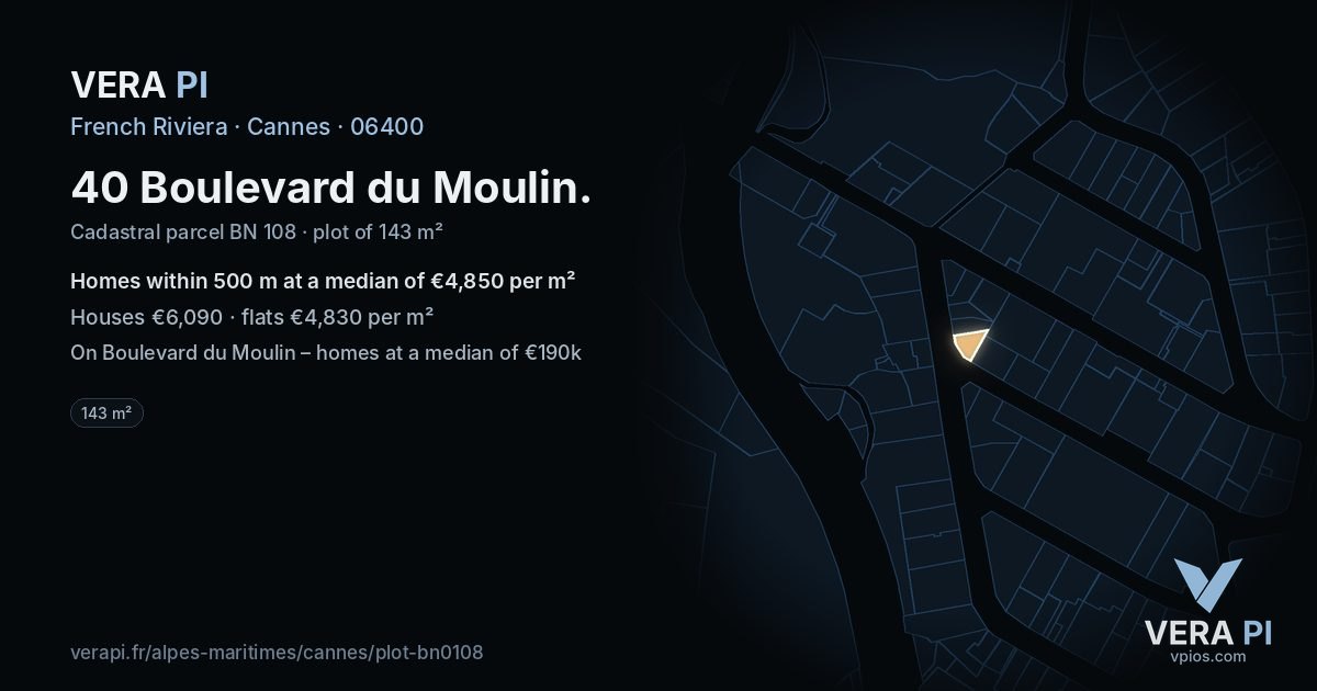 40 Boulevard du Moulin, Cannes at night – the plot lit, the parcels around coloured by the prices near them