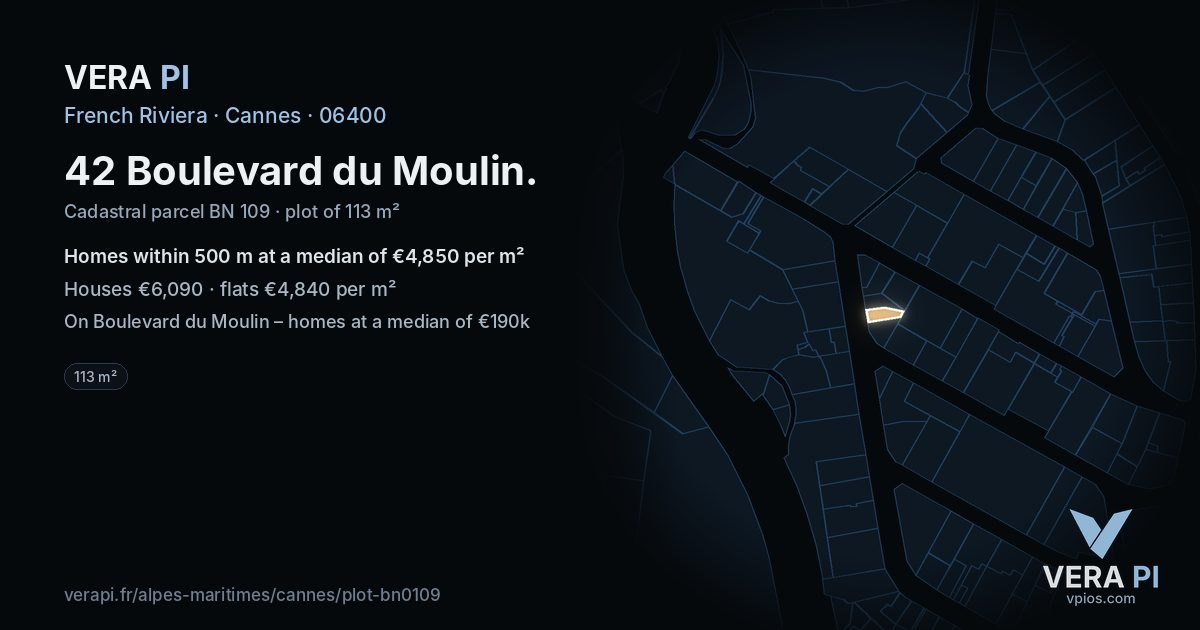 42 Boulevard du Moulin, Cannes at night – the plot lit, the parcels around coloured by the prices near them