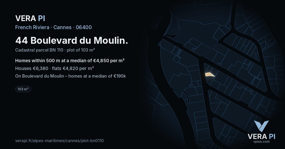 44 Boulevard du Moulin, Cannes at night – the plot lit, the parcels around coloured by the prices near them