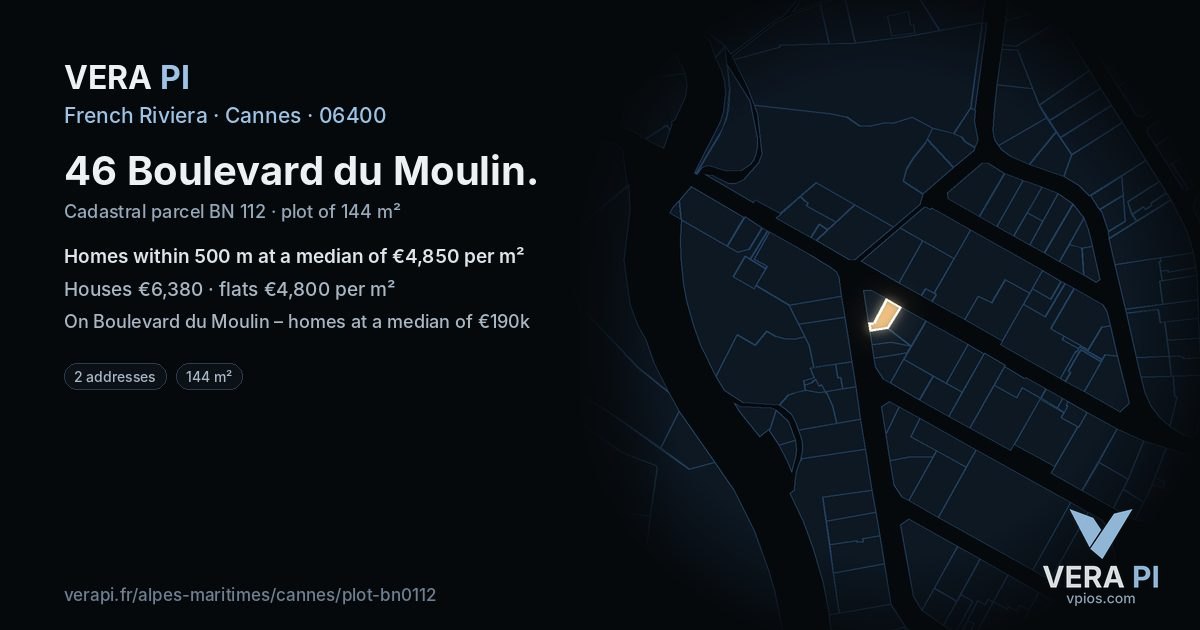 46 Boulevard du Moulin, Cannes at night – the plot lit, the parcels around coloured by the prices near them