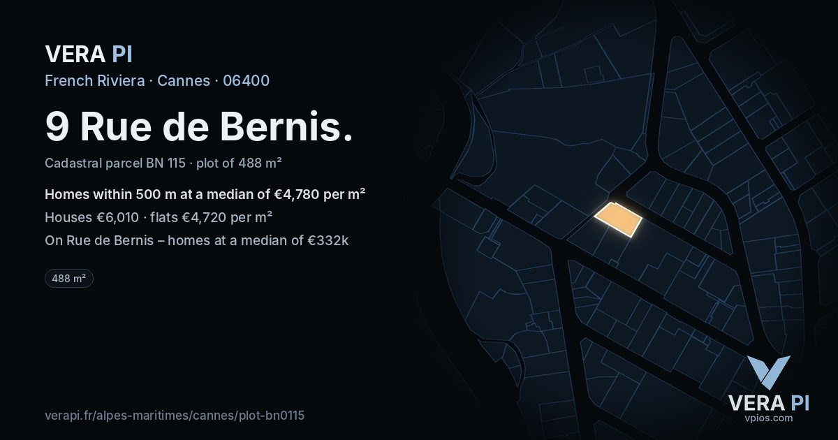 9 Rue de Bernis, Cannes at night – the plot lit, the parcels around coloured by the prices near them