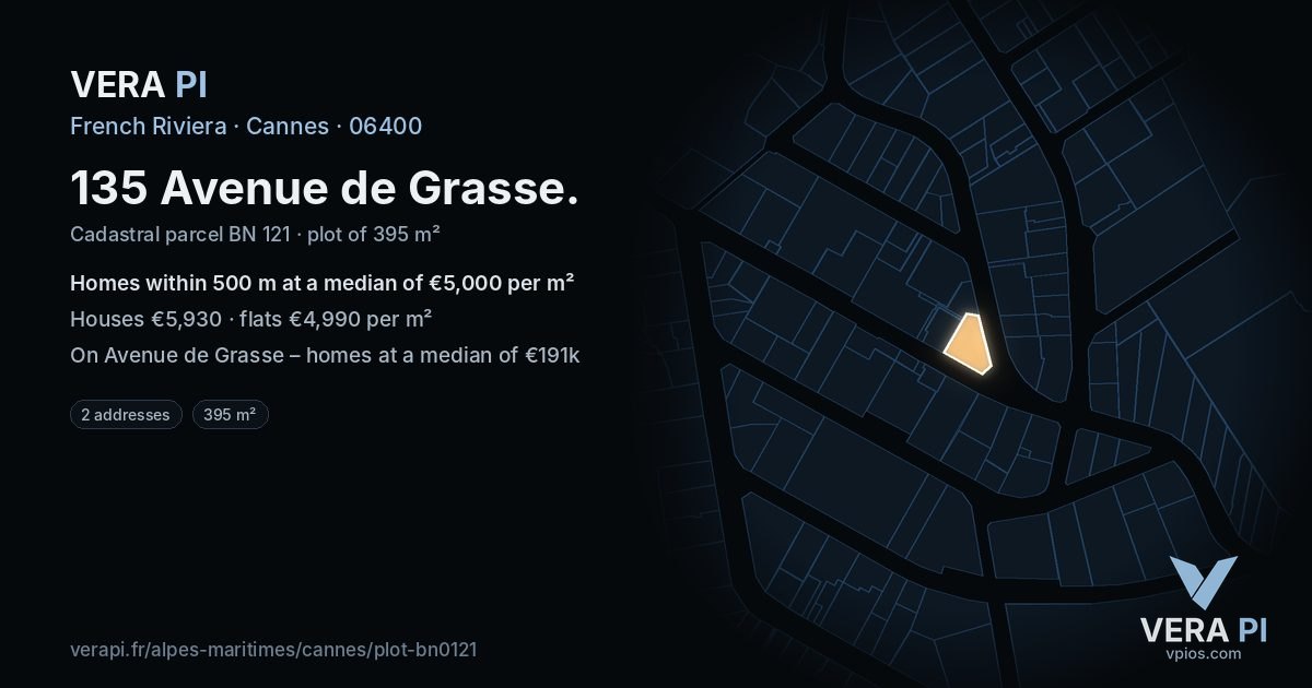 135 Avenue de Grasse, Cannes at night – the plot lit, the parcels around coloured by the prices near them