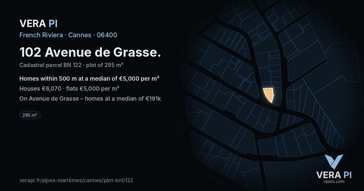 102 Avenue de Grasse, Cannes at night – the plot lit, the parcels around coloured by the prices near them