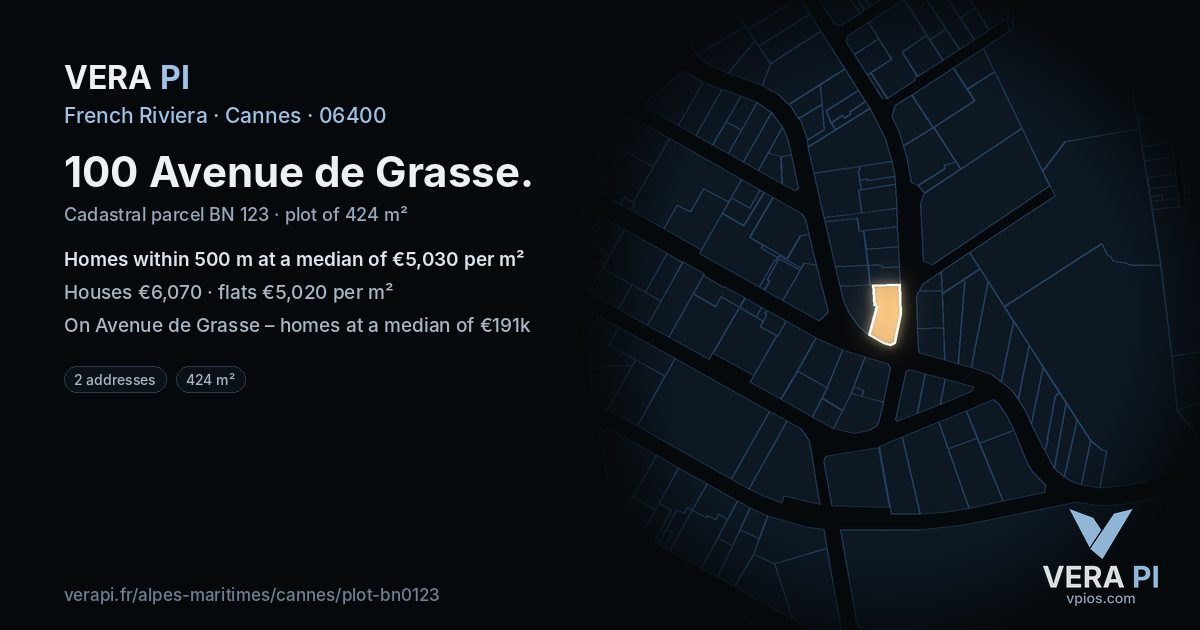 100 Avenue de Grasse, Cannes at night – the plot lit, the parcels around coloured by the prices near them
