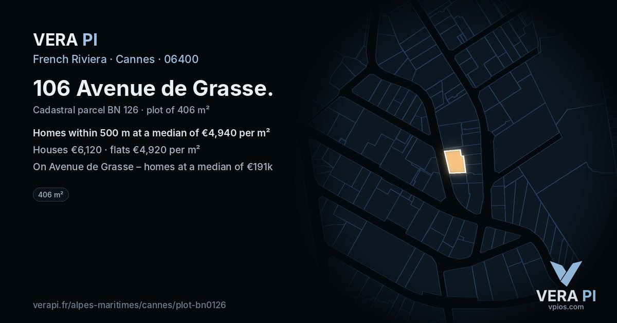 106 Avenue de Grasse, Cannes at night – the plot lit, the parcels around coloured by the prices near them