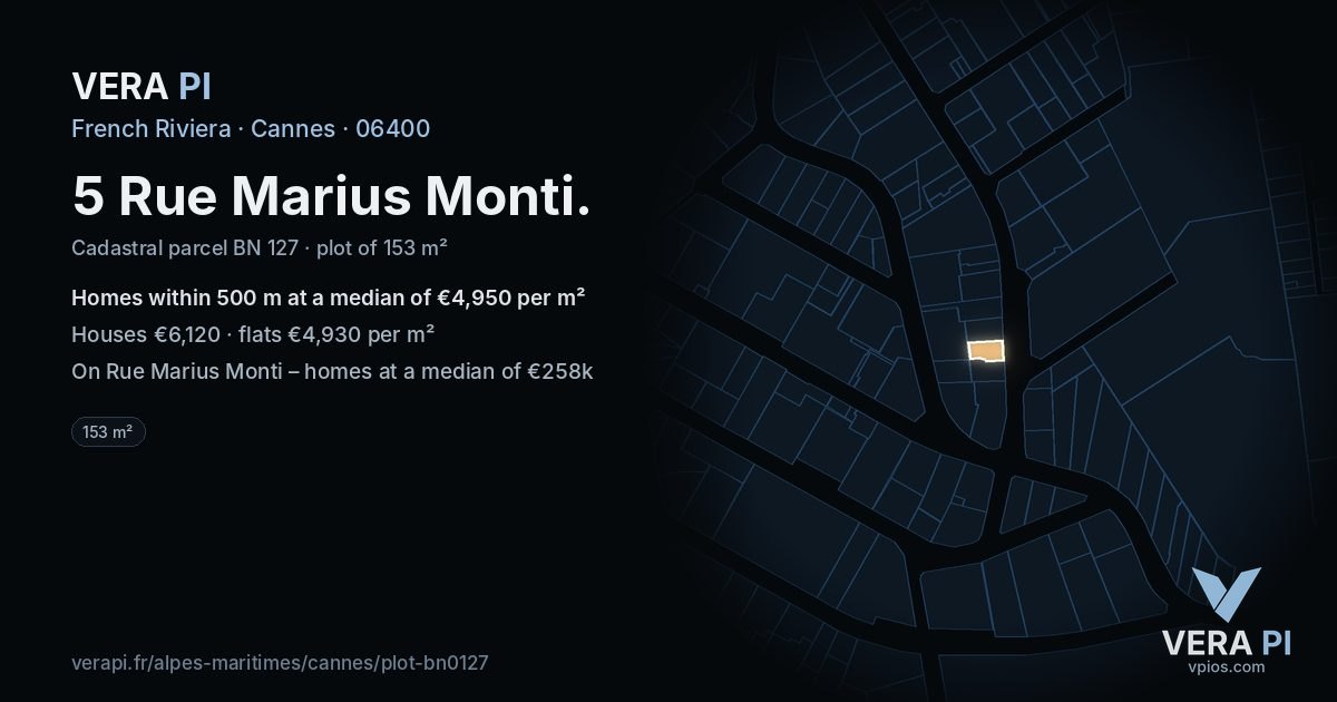 5 Rue Marius Monti, Cannes at night – the plot lit, the parcels around coloured by the prices near them