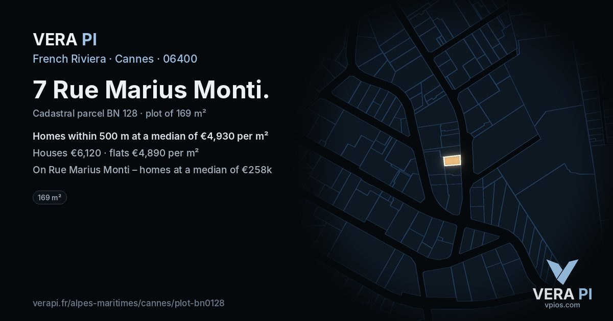7 Rue Marius Monti, Cannes at night – the plot lit, the parcels around coloured by the prices near them