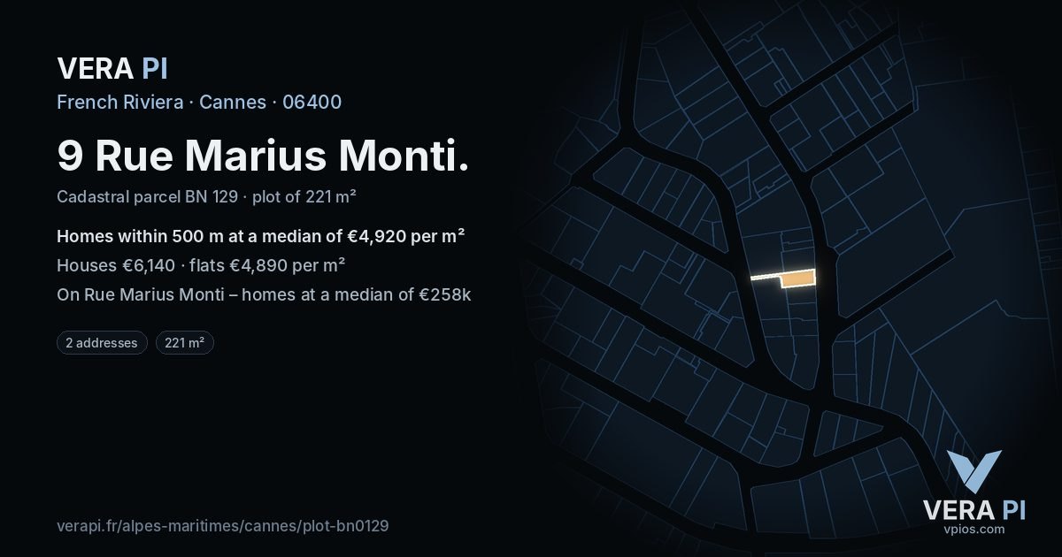 9 Rue Marius Monti, Cannes at night – the plot lit, the parcels around coloured by the prices near them