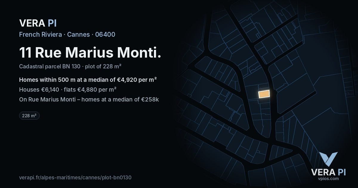 11 Rue Marius Monti, Cannes at night – the plot lit, the parcels around coloured by the prices near them