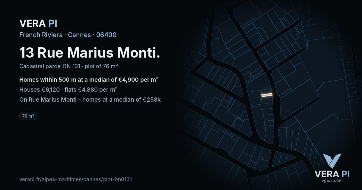 13 Rue Marius Monti, Cannes at night – the plot lit, the parcels around coloured by the prices near them