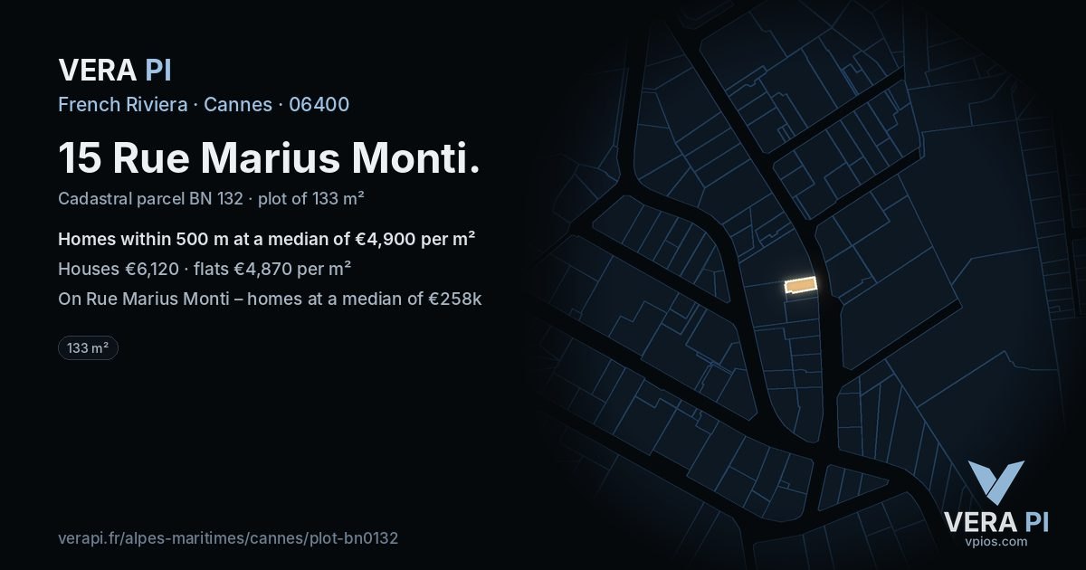 15 Rue Marius Monti, Cannes at night – the plot lit, the parcels around coloured by the prices near them