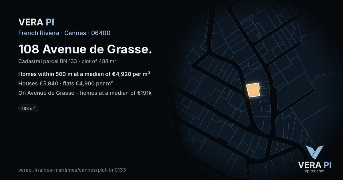 108 Avenue de Grasse, Cannes at night – the plot lit, the parcels around coloured by the prices near them