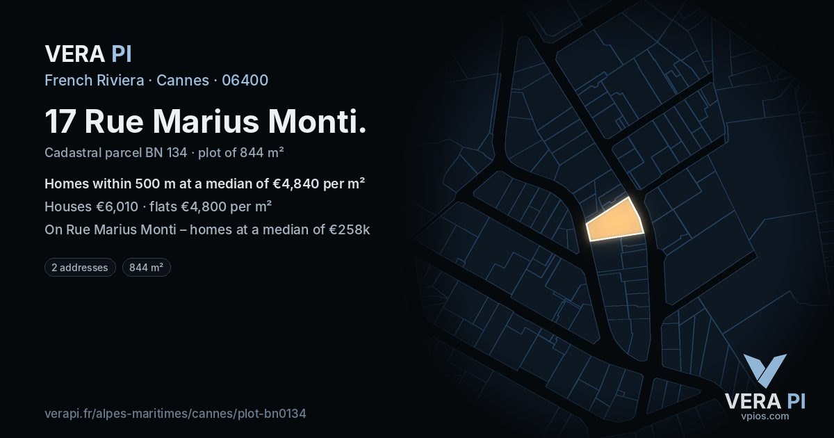 17 Rue Marius Monti, Cannes at night – the plot lit, the parcels around coloured by the prices near them