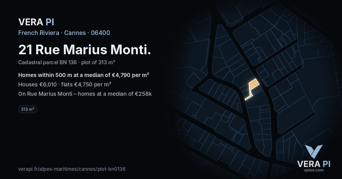 21 Rue Marius Monti, Cannes at night – the plot lit, the parcels around coloured by the prices near them