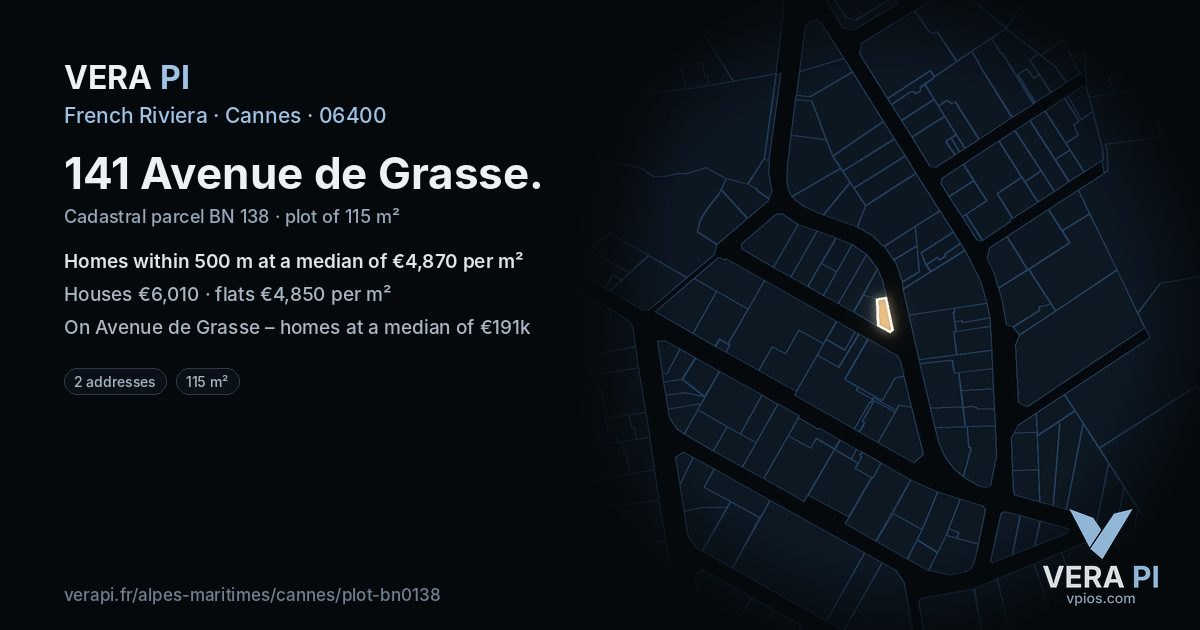 141 Avenue de Grasse, Cannes at night – the plot lit, the parcels around coloured by the prices near them
