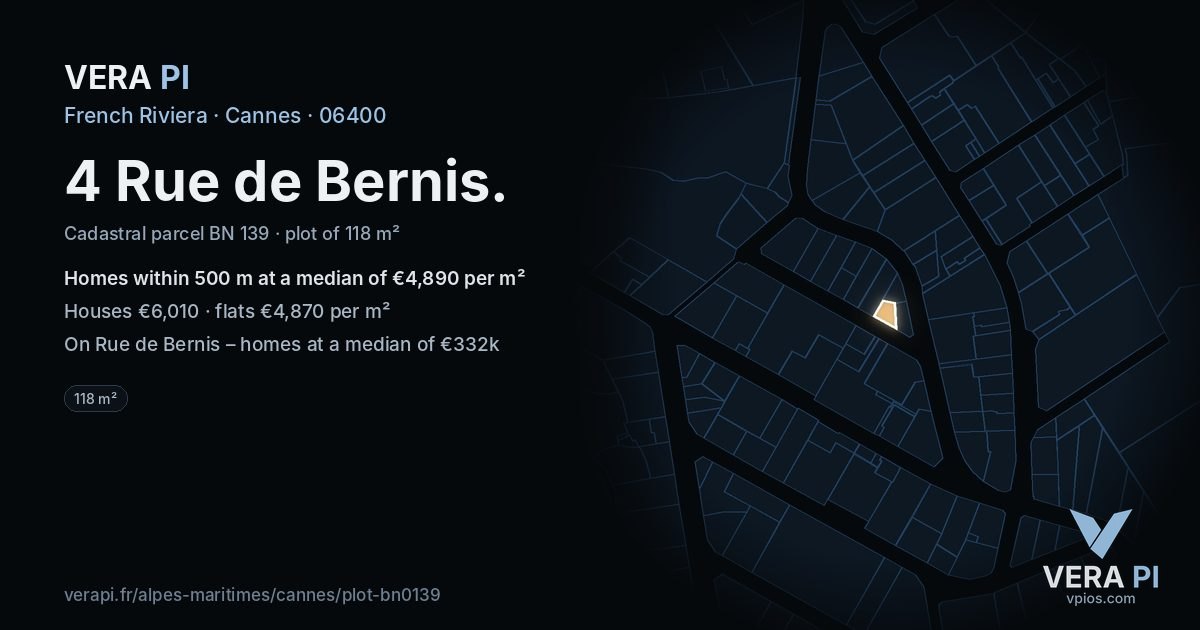 4 Rue de Bernis, Cannes at night – the plot lit, the parcels around coloured by the prices near them