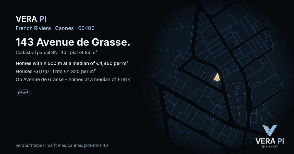 143 Avenue de Grasse, Cannes at night – the plot lit, the parcels around coloured by the prices near them