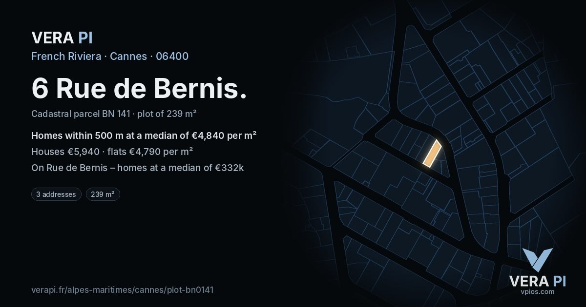 6 Rue de Bernis, Cannes at night – the plot lit, the parcels around coloured by the prices near them