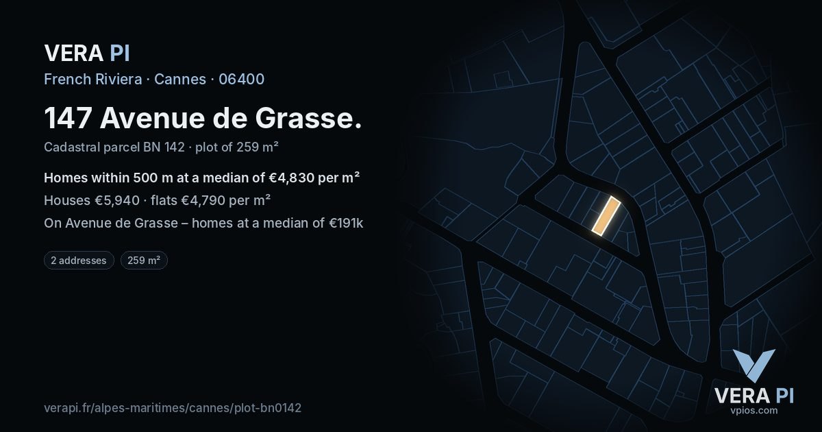 147 Avenue de Grasse, Cannes at night – the plot lit, the parcels around coloured by the prices near them