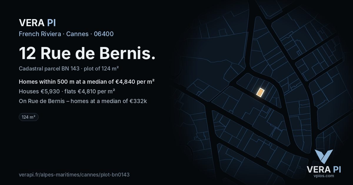 12 Rue de Bernis, Cannes at night – the plot lit, the parcels around coloured by the prices near them