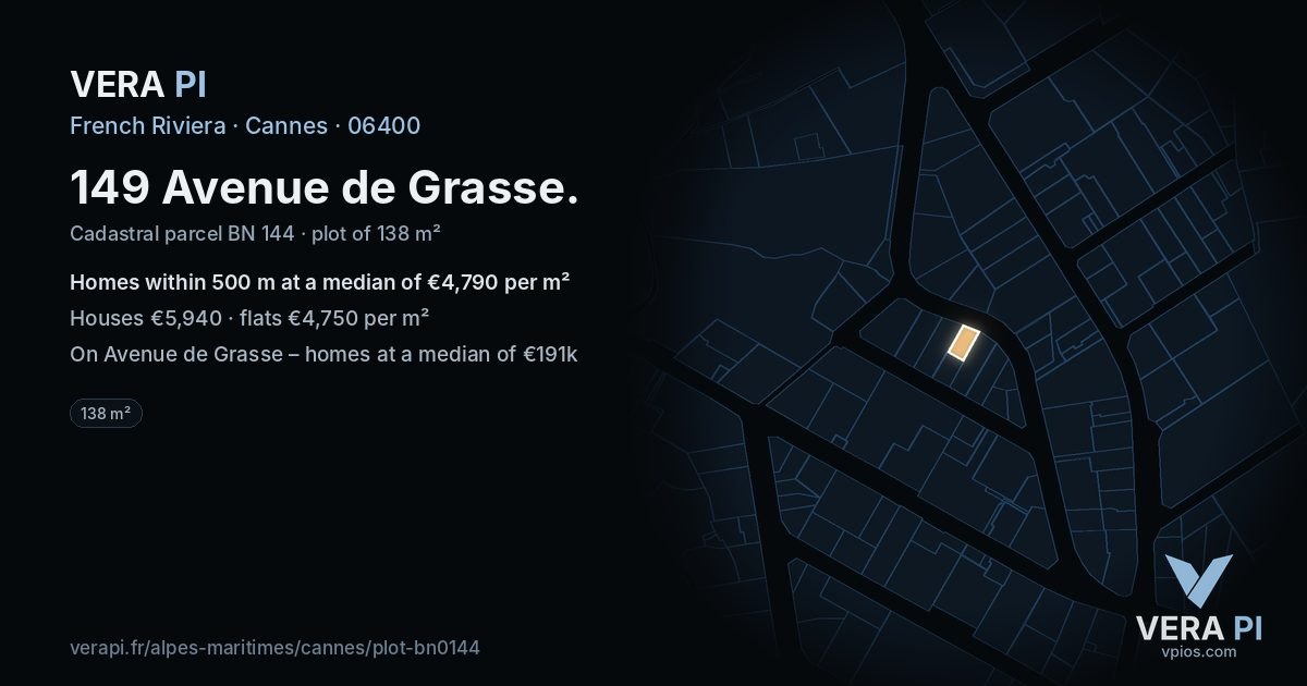 149 Avenue de Grasse, Cannes at night – the plot lit, the parcels around coloured by the prices near them