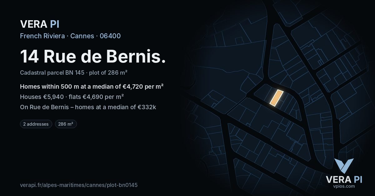 14 Rue de Bernis, Cannes at night – the plot lit, the parcels around coloured by the prices near them