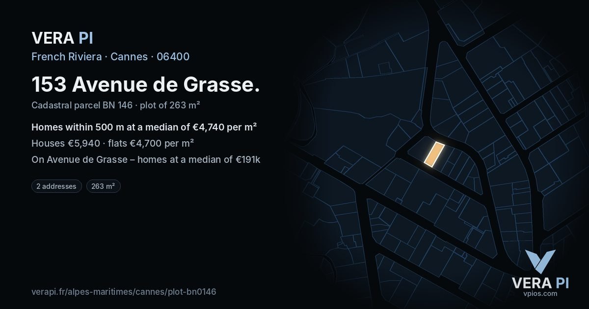153 Avenue de Grasse, Cannes at night – the plot lit, the parcels around coloured by the prices near them
