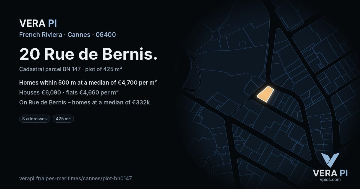 20 Rue de Bernis, Cannes at night – the plot lit, the parcels around coloured by the prices near them