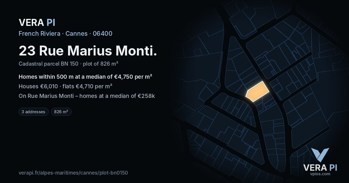 23 Rue Marius Monti, Cannes at night – the plot lit, the parcels around coloured by the prices near them