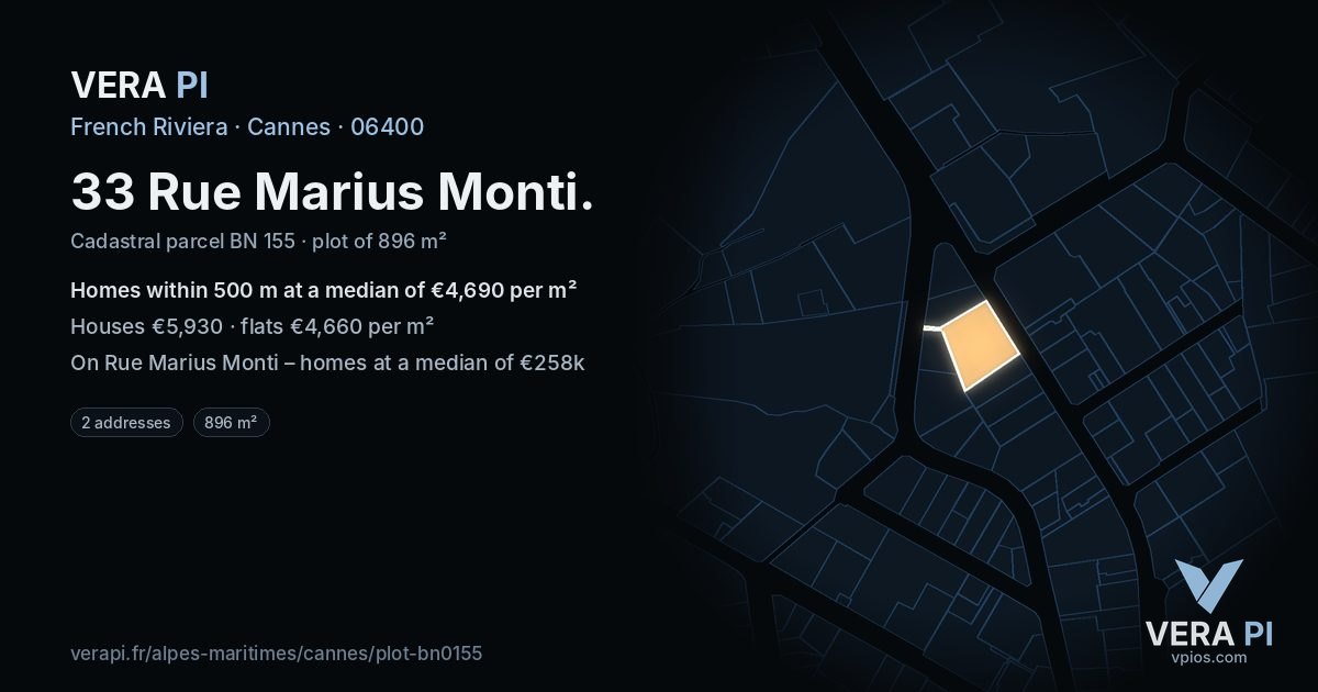 33 Rue Marius Monti, Cannes at night – the plot lit, the parcels around coloured by the prices near them