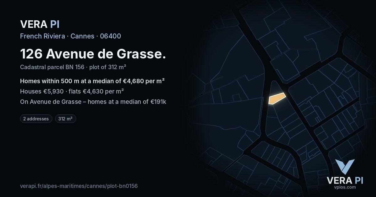126 Avenue de Grasse, Cannes at night – the plot lit, the parcels around coloured by the prices near them