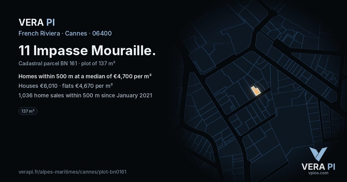 11 Impasse Mouraille, Cannes at night – the plot lit, the parcels around coloured by the prices near them
