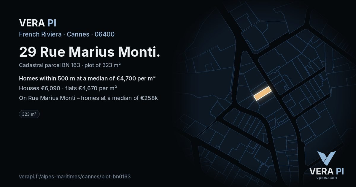 29 Rue Marius Monti, Cannes at night – the plot lit, the parcels around coloured by the prices near them