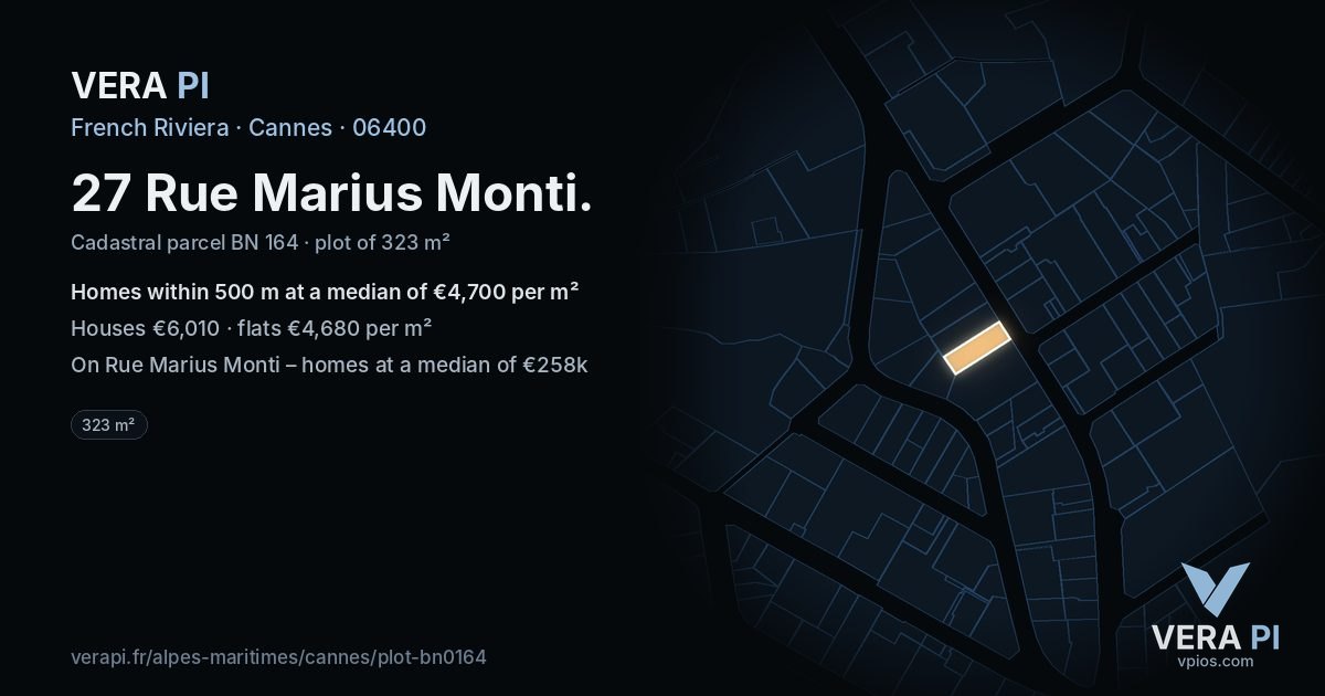 27 Rue Marius Monti, Cannes at night – the plot lit, the parcels around coloured by the prices near them
