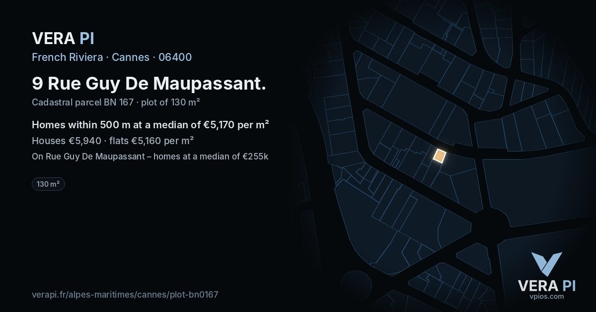 9 Rue Guy De Maupassant, Cannes at night – the plot lit, the parcels around coloured by the prices near them