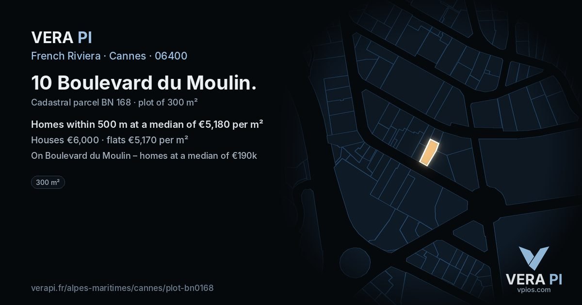 10 Boulevard du Moulin, Cannes at night – the plot lit, the parcels around coloured by the prices near them