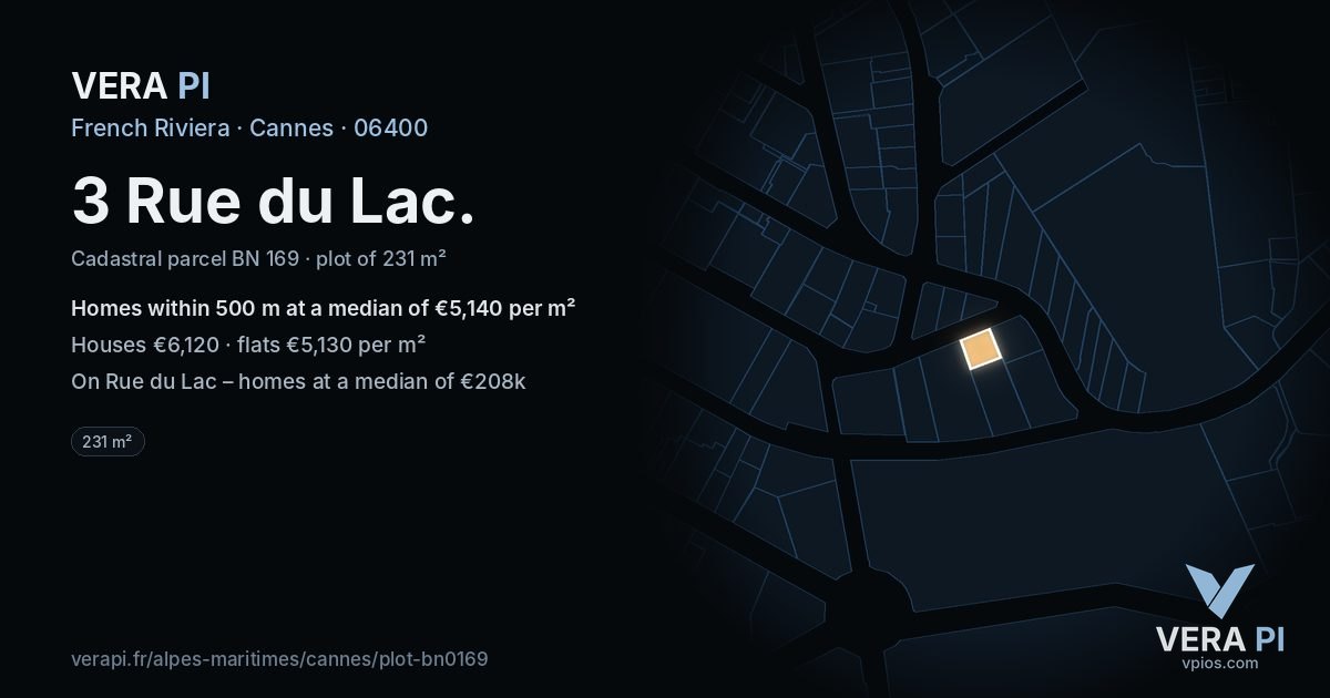 3 Rue du Lac, Cannes at night – the plot lit, the parcels around coloured by the prices near them