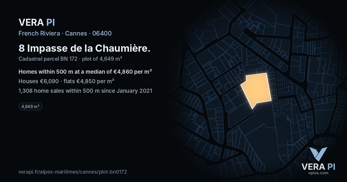 8 Impasse de la Chaumière, Cannes at night – the plot lit, the parcels around coloured by the prices near them