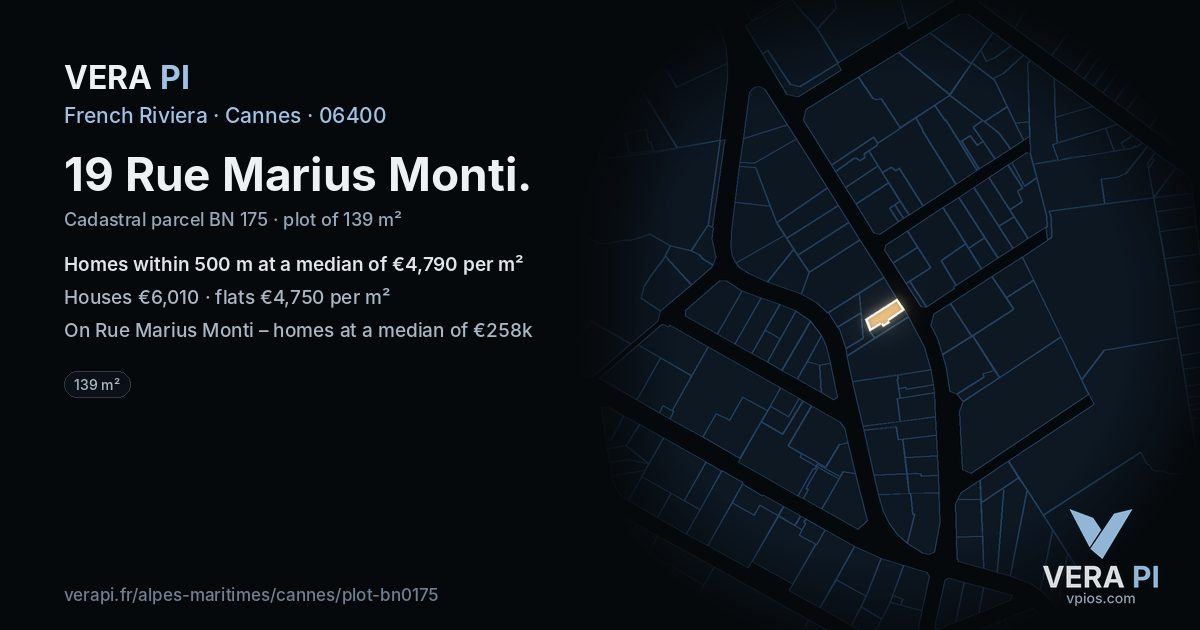 19 Rue Marius Monti, Cannes at night – the plot lit, the parcels around coloured by the prices near them