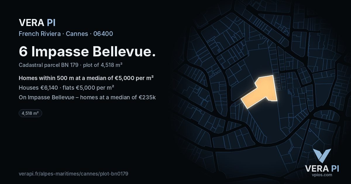 6 Impasse Bellevue, Cannes at night – the plot lit, the parcels around coloured by the prices near them