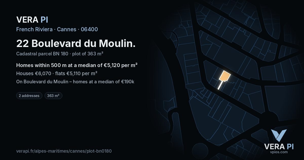 22 Boulevard du Moulin, Cannes at night – the plot lit, the parcels around coloured by the prices near them