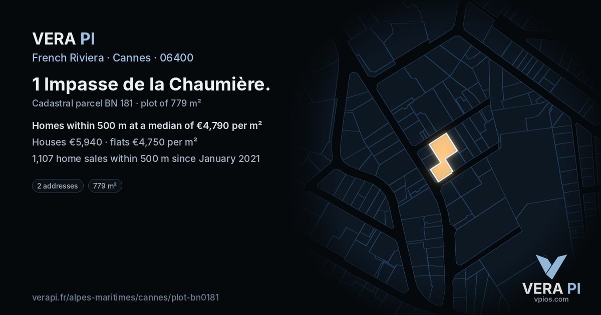 1 Impasse de la Chaumière, Cannes at night – the plot lit, the parcels around coloured by the prices near them