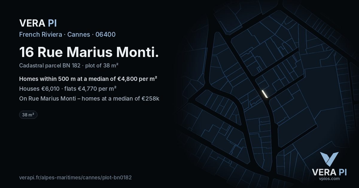 16 Rue Marius Monti, Cannes at night – the plot lit, the parcels around coloured by the prices near them