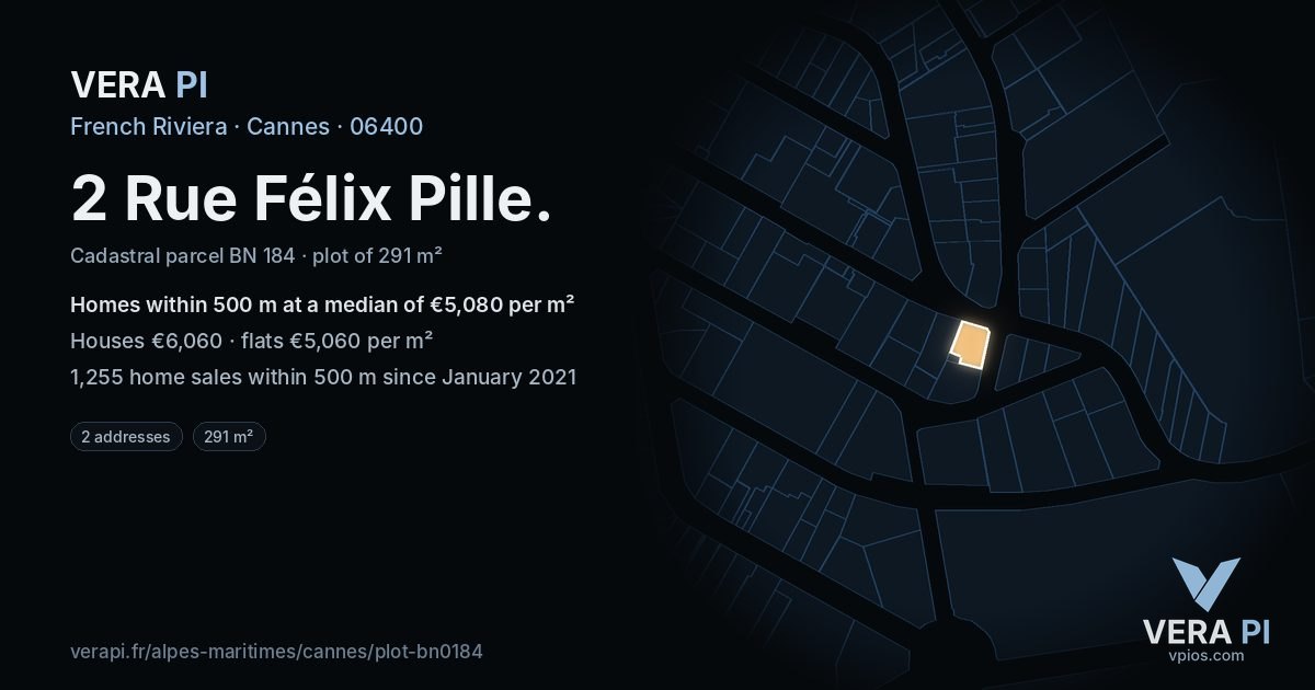 2 Rue Félix Pille, Cannes at night – the plot lit, the parcels around coloured by the prices near them