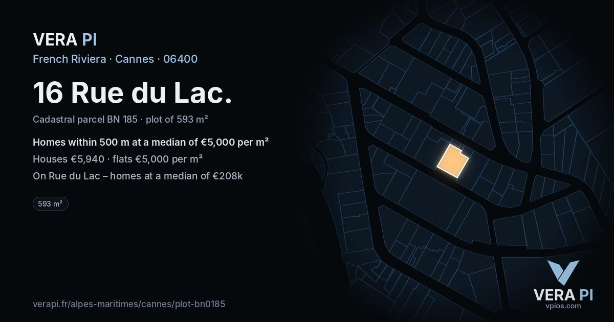 16 Rue du Lac, Cannes at night – the plot lit, the parcels around coloured by the prices near them