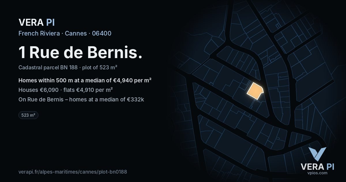 1 Rue de Bernis, Cannes at night – the plot lit, the parcels around coloured by the prices near them
