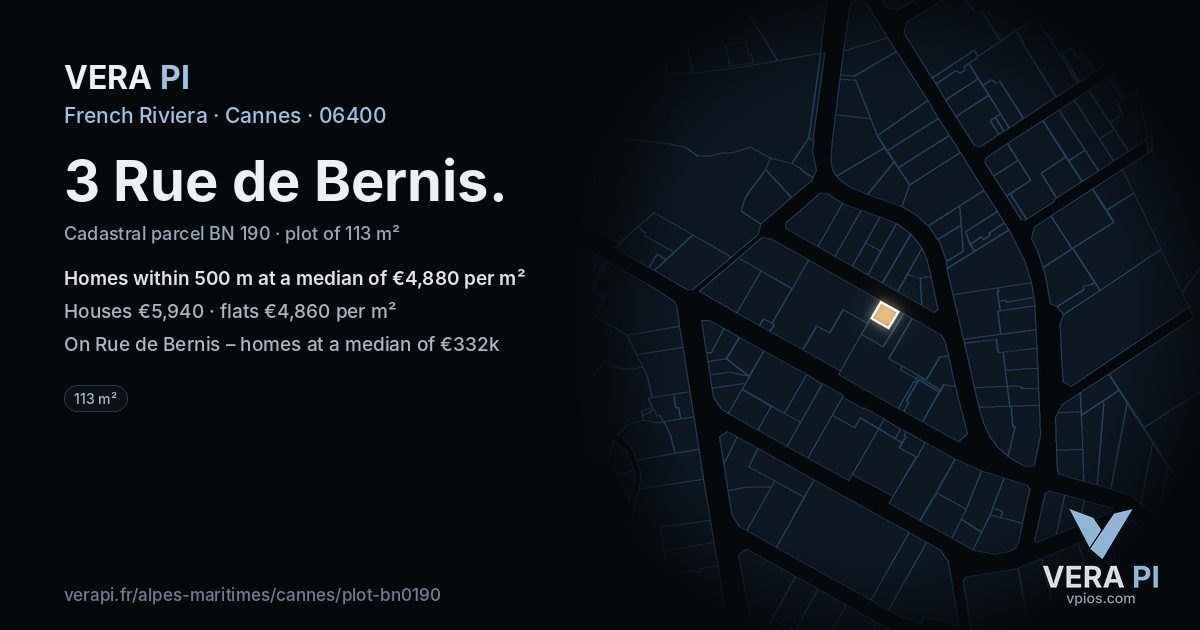3 Rue de Bernis, Cannes at night – the plot lit, the parcels around coloured by the prices near them