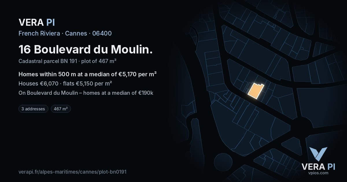 16 Boulevard du Moulin, Cannes at night – the plot lit, the parcels around coloured by the prices near them