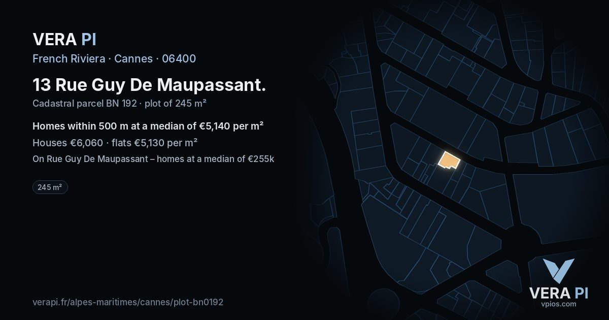 13 Rue Guy De Maupassant, Cannes at night – the plot lit, the parcels around coloured by the prices near them