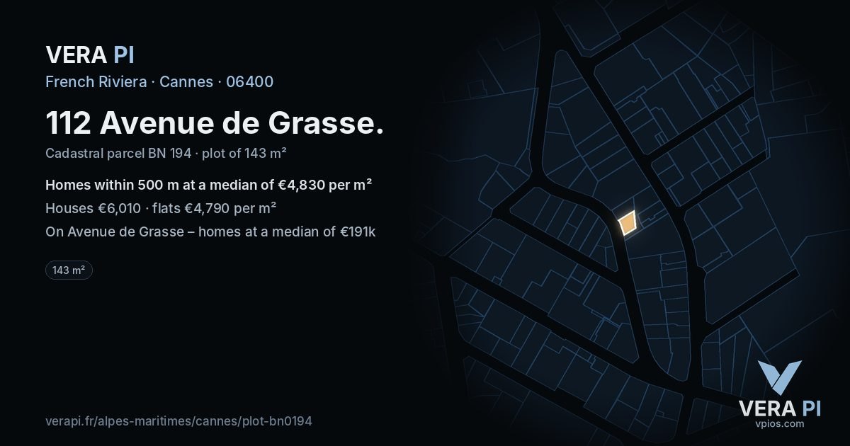 112 Avenue de Grasse, Cannes at night – the plot lit, the parcels around coloured by the prices near them